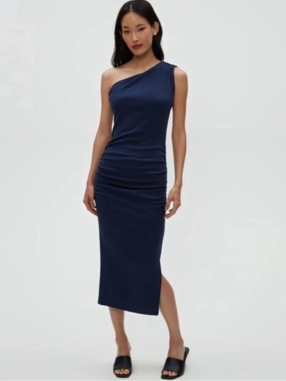 NWT Michael Stars Andrea One Shoulder Ruched Midi Dress, Navy Blue – Size XL